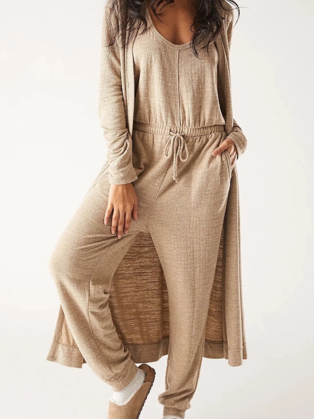 Free People Taupe Ribbed Drawstring Jumpsuit Bottom Joggers With CARDIGAN